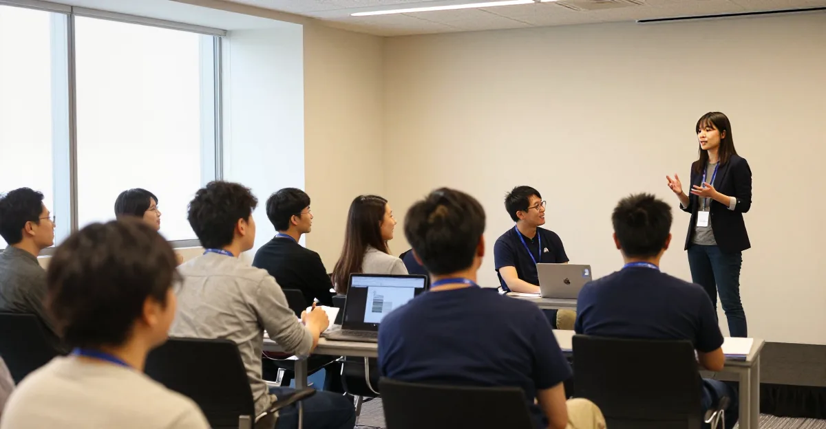 Woman presenting to a group of people seated in a room with laptops.