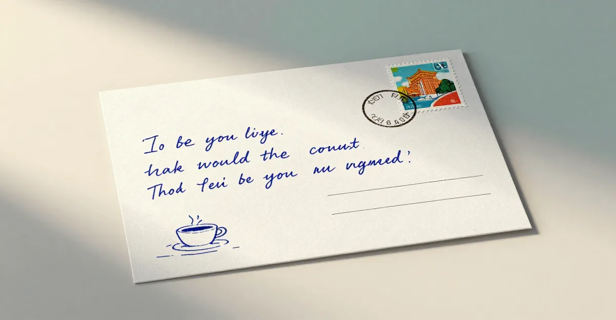 Postcard with a stamp, a coffee cup doodle, and illegible handwritten text