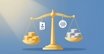 Illustration of golden scales balancing a person's ID badge and a globe icon against stacks of gold and silver coins.